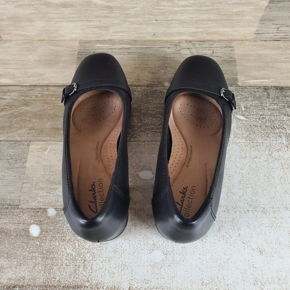 Clarks Marilyn Nora Womens Pump Sz 7 Black Leather Slip On Square Toe Block Heel